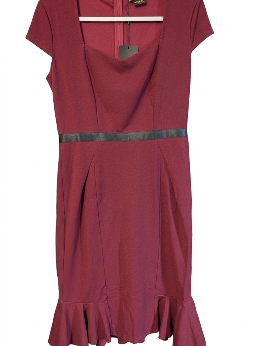NWT Miusol Burgundy Ruffle Hem Cap Sleeve Midi Sheath Dress - Size L